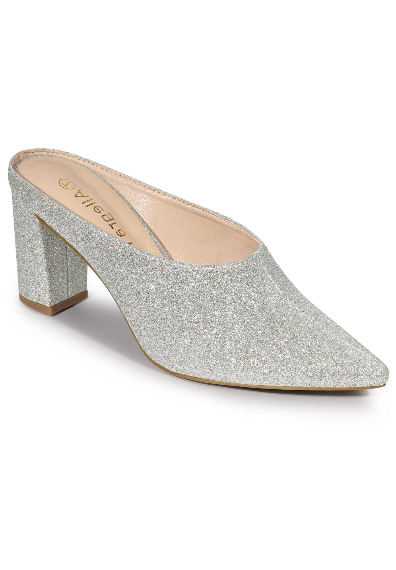 Glitter Pointed Toe Slip on Chunky Heels Slides Mules, Silver / Silver, hi-res image number 0