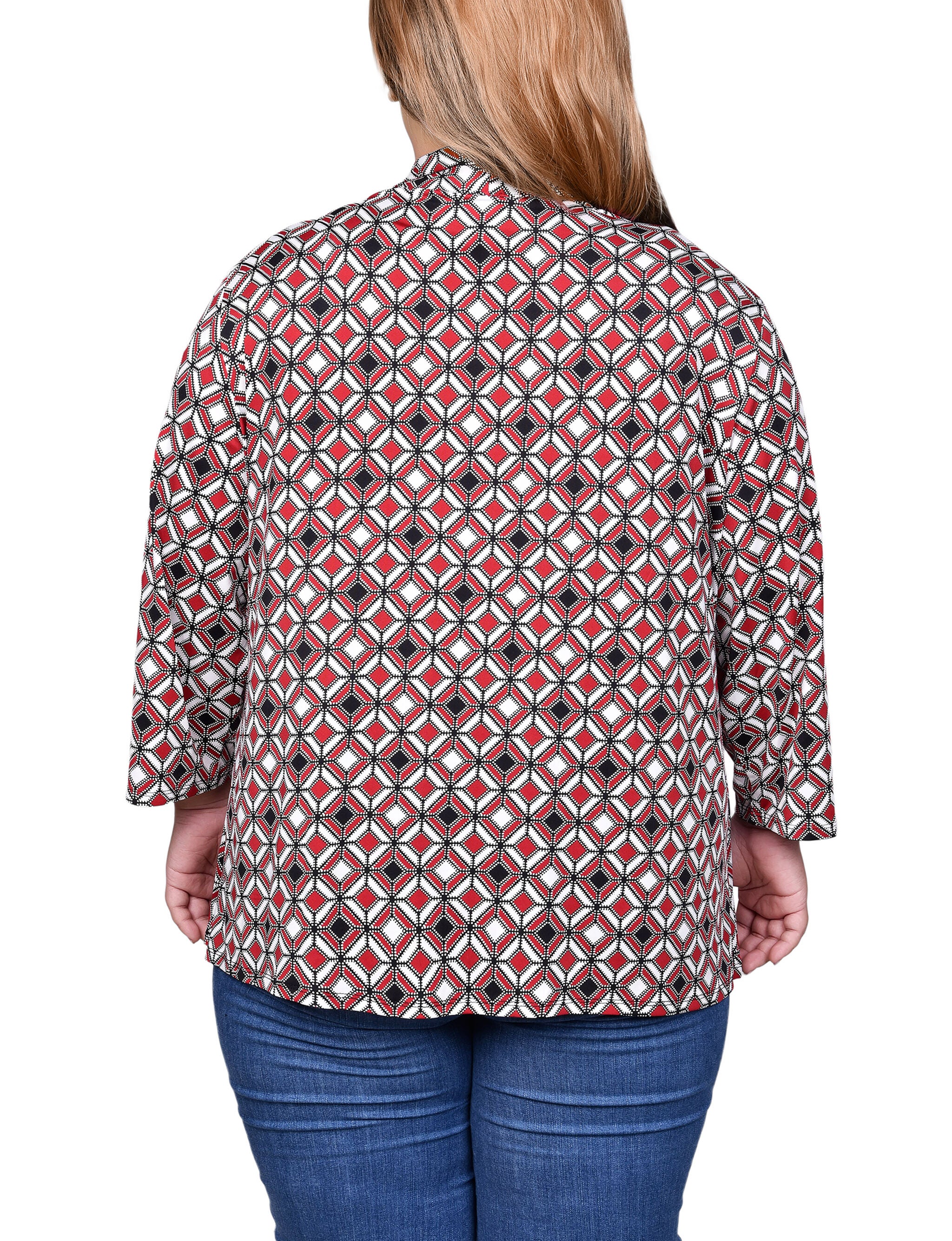 Puff Print 3/4 Sleeve Two-Fer Top, Jester Red Ivory Ge, alternate image number 1