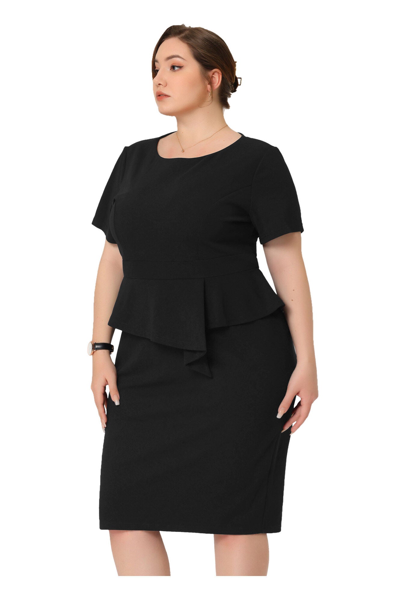 Short Sleeves Crew Neck Office Peplum Pencil Dress, Black / Black, hi-res image number 0