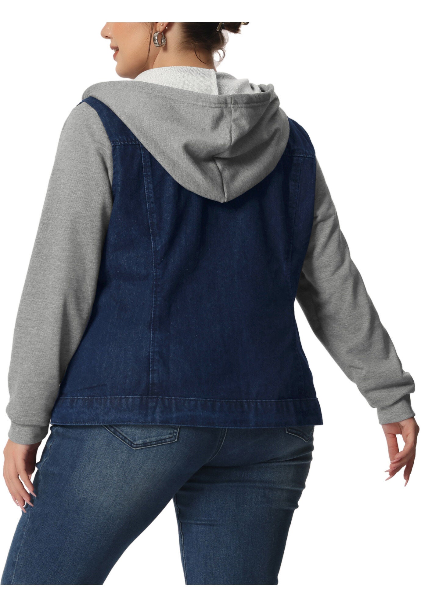 LAYERED DRAWSTRING HOODIE DENIM JEAN JACKET, Black Blue / Navy, alternate image number 3