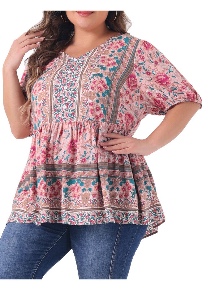 Boho Floral Print V Neck Short Sleeve Peplum Loose Blouse, Pink / Pink, alternate image number 2