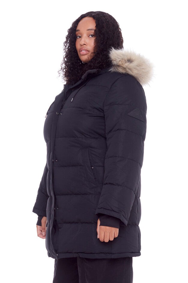 Women's Plus Size - AULAVIK | Vegan Down Recycled Mid-Length Hooded Parka Coat, Black / Black, alternate image number null
