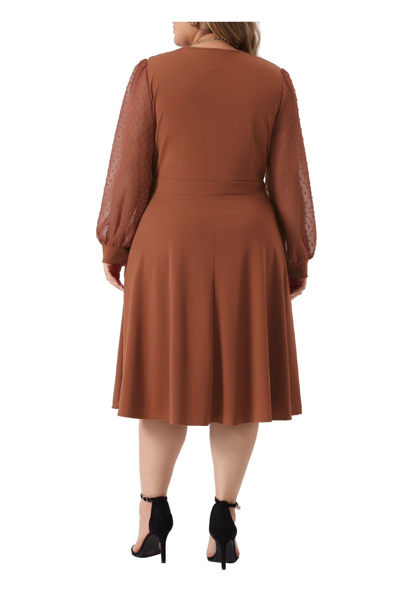 Long Sleeve Swiss Dots Formal Knee Length Dress, Caramel / Brown, alternate image number 3