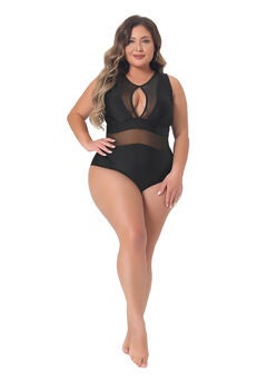One Piece Swimsuit Mesh Open Back Tie Plunge Swimwear
