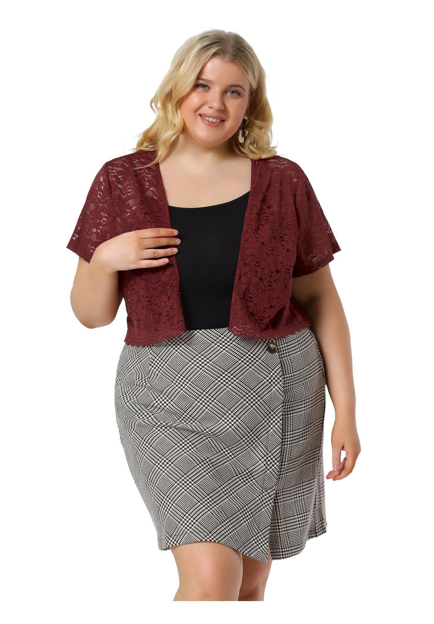 OPEN FRONT SHORT SLEEVE CROCHET LACE CROPPED BOLERO SHRUG CARDIGAN, Burgundy / Red, hi-res image number 0