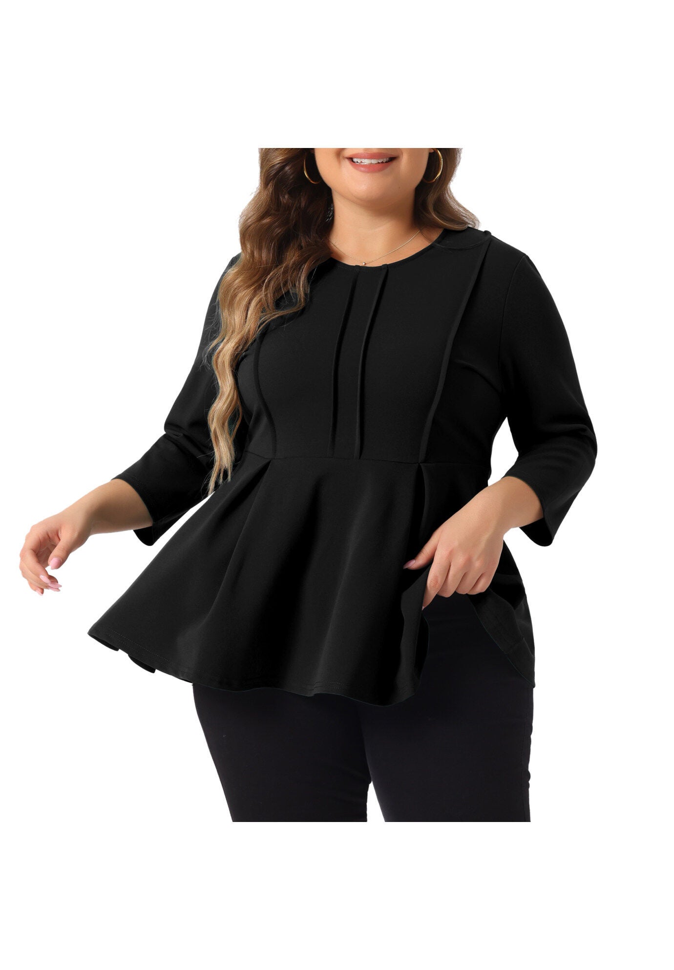 Crew Neck 3/4 Sleeve Peplum Top, Black / Black, alternate image number 2