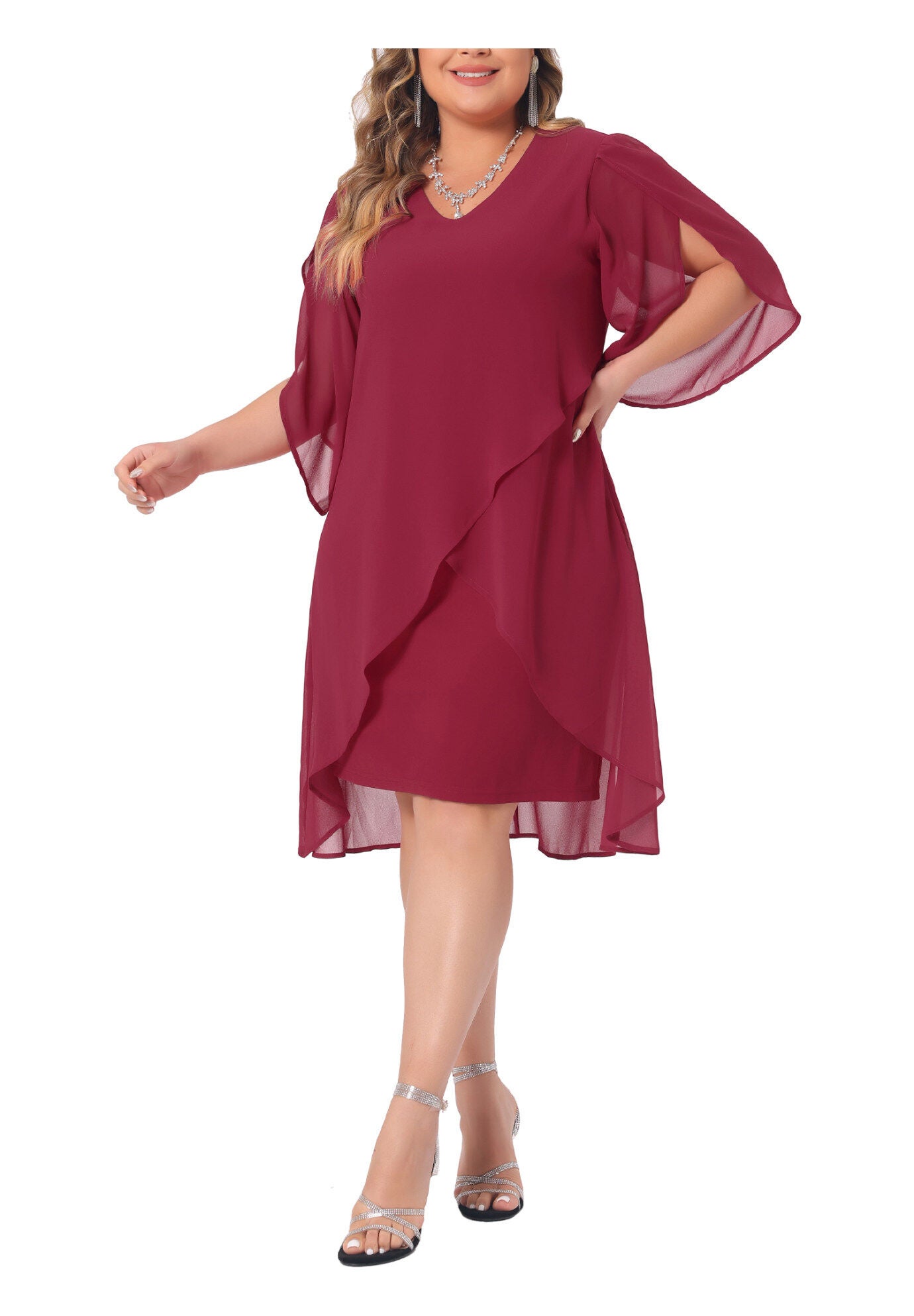 Mesh Wedding Guest Party Chiffon Cocktail Overlay Short Dress, Red / Red, alternate image number 1