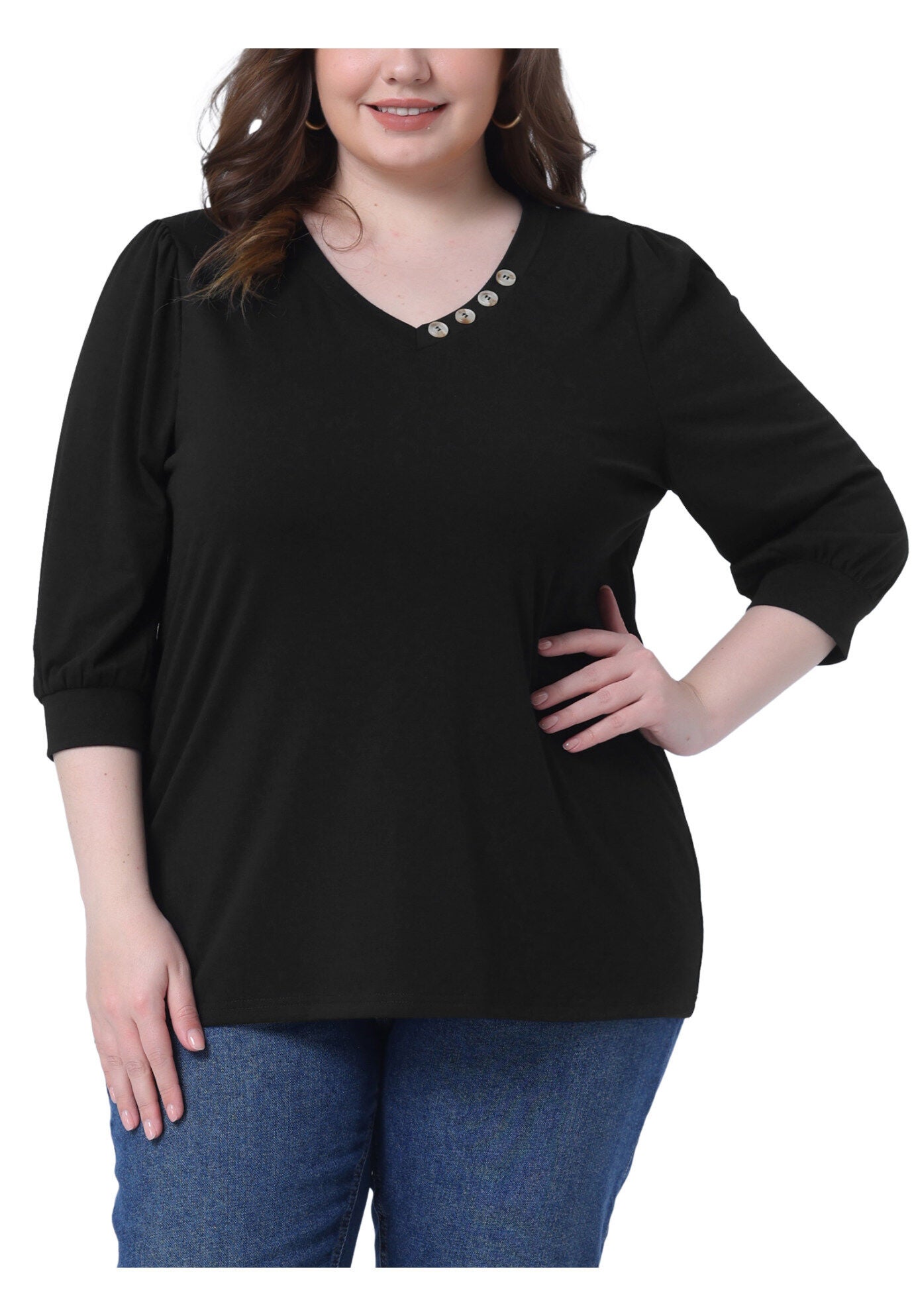 3/4 Sleeve V Neck Button Decor Blouse Shirt, Black / Black, alternate image number 2
