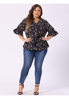 Ruffle Blouse V Neck Smocked Sleeves Top