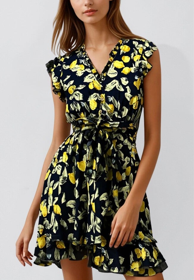 Annick - Natasha Lemon Print Short Dress Belt Pockets Ruffled Hem, Navy / Navy, hi-res image number null