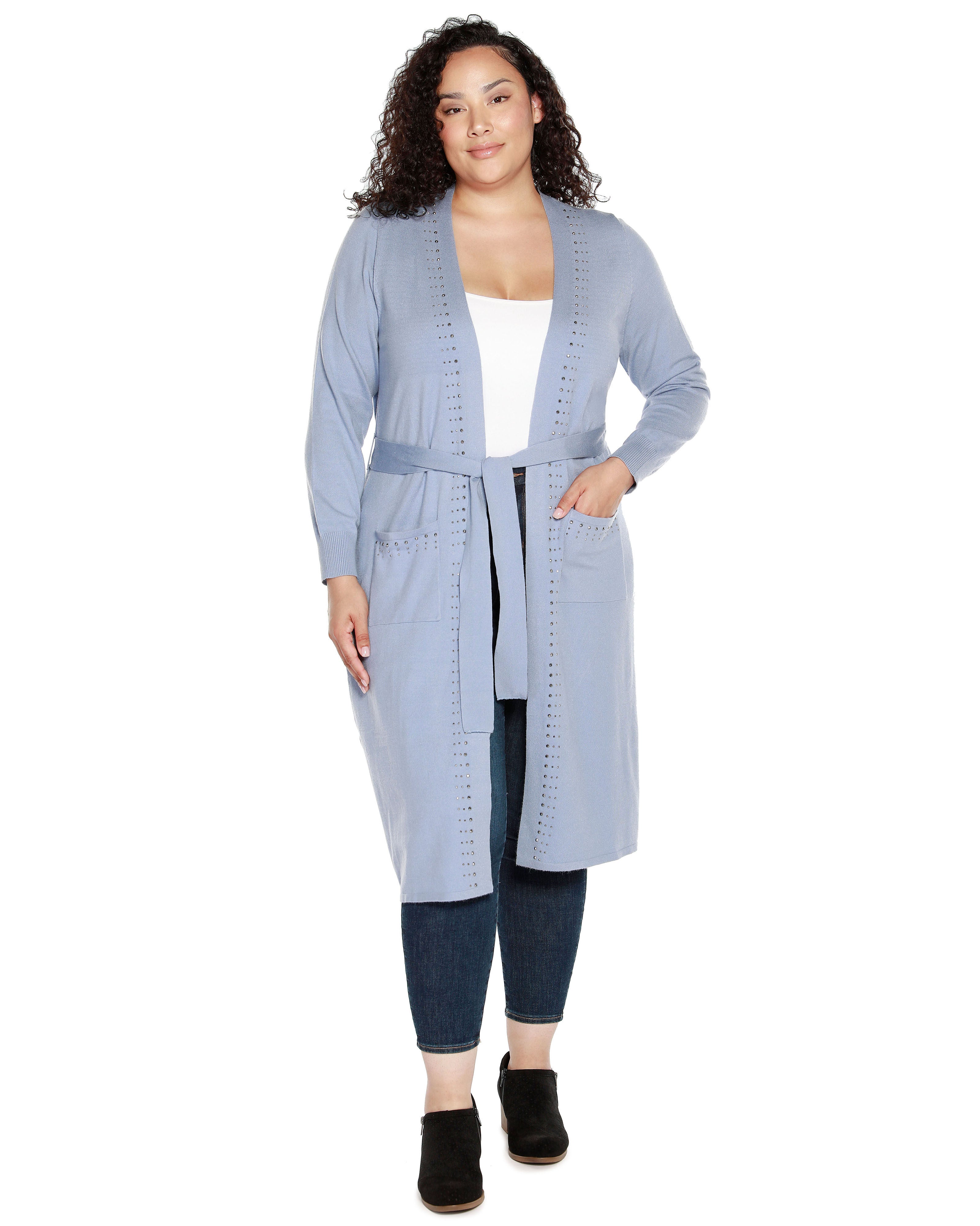 RHINESTONE-TRIM BELTED DUSTER CARDIGAN, Chambray / Dusty Blue, hi-res image number 0