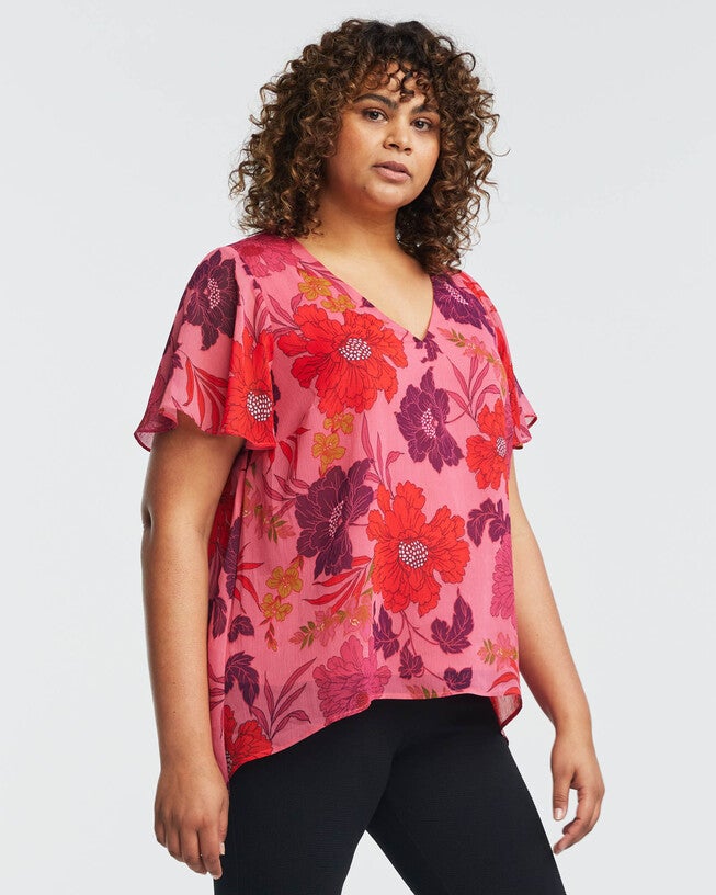 Delta Pink Floral Asymmetrical Top, , alternate image number null