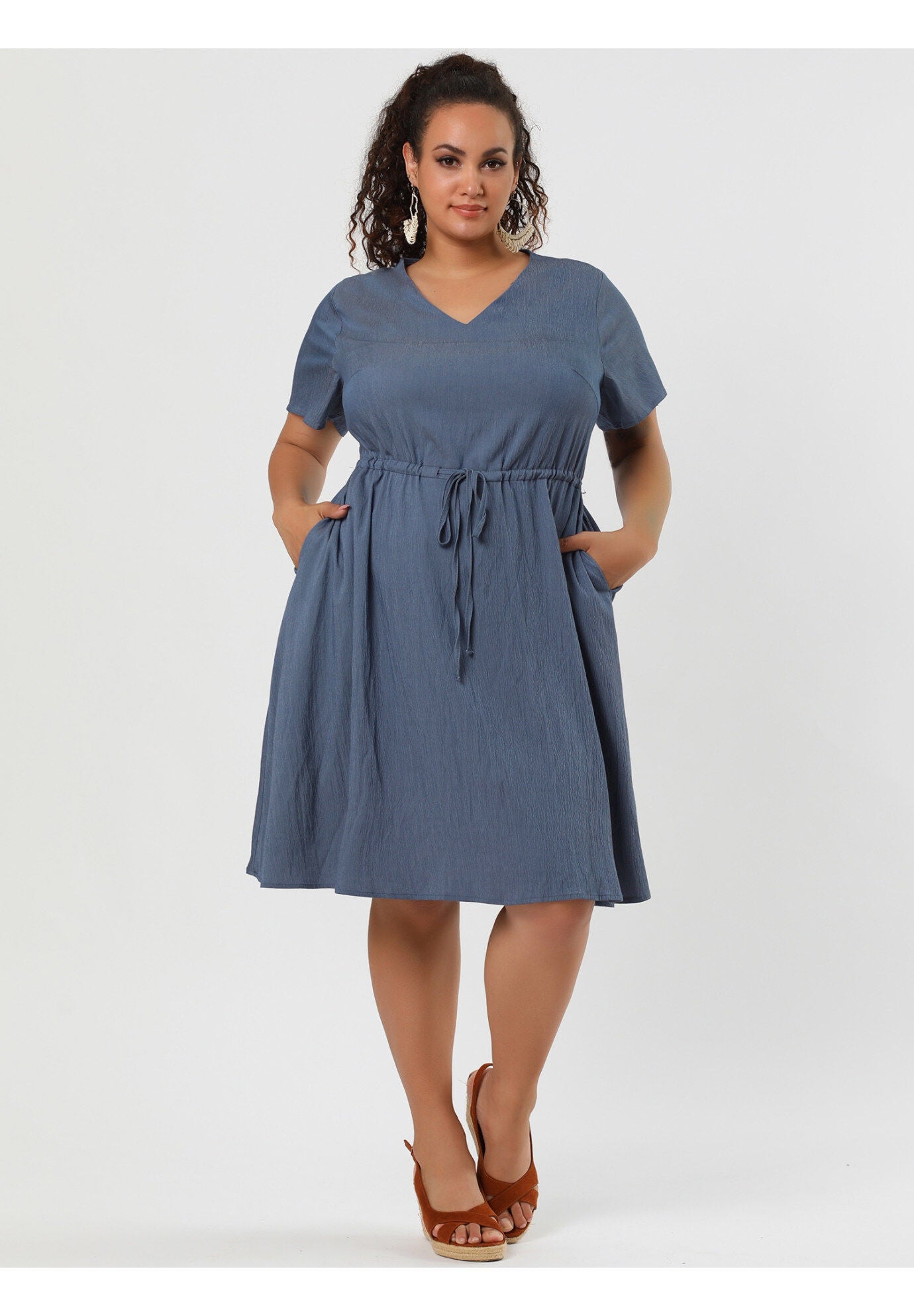 V Neck Short Sleeve A Line Flowy Midi Chambray Dress, Dark Blue / Navy, alternate image number 1