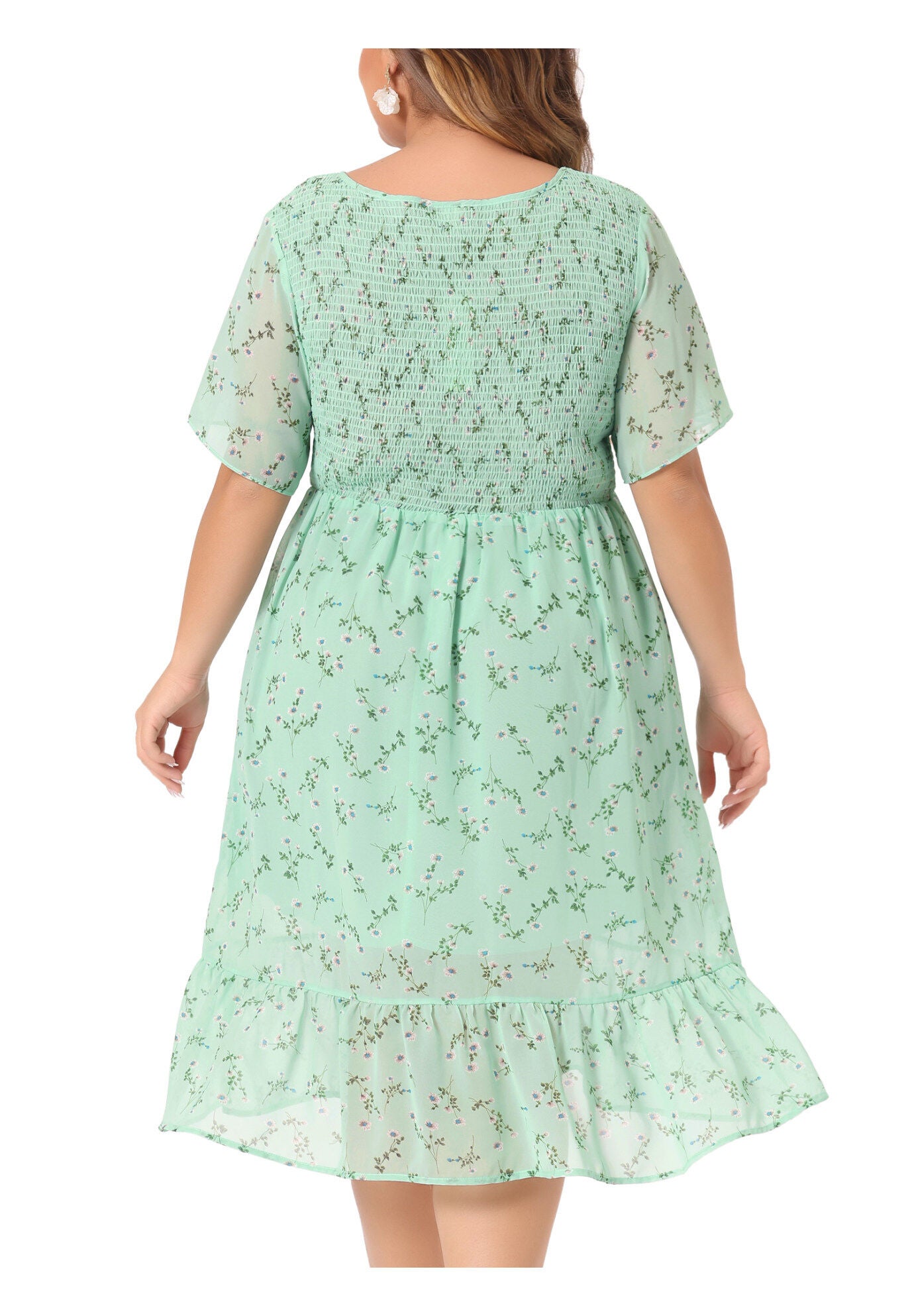 Flare Smock Ruffle Chiffon Floral Midi Dress, Light Green / Light Green, alternate image number 3