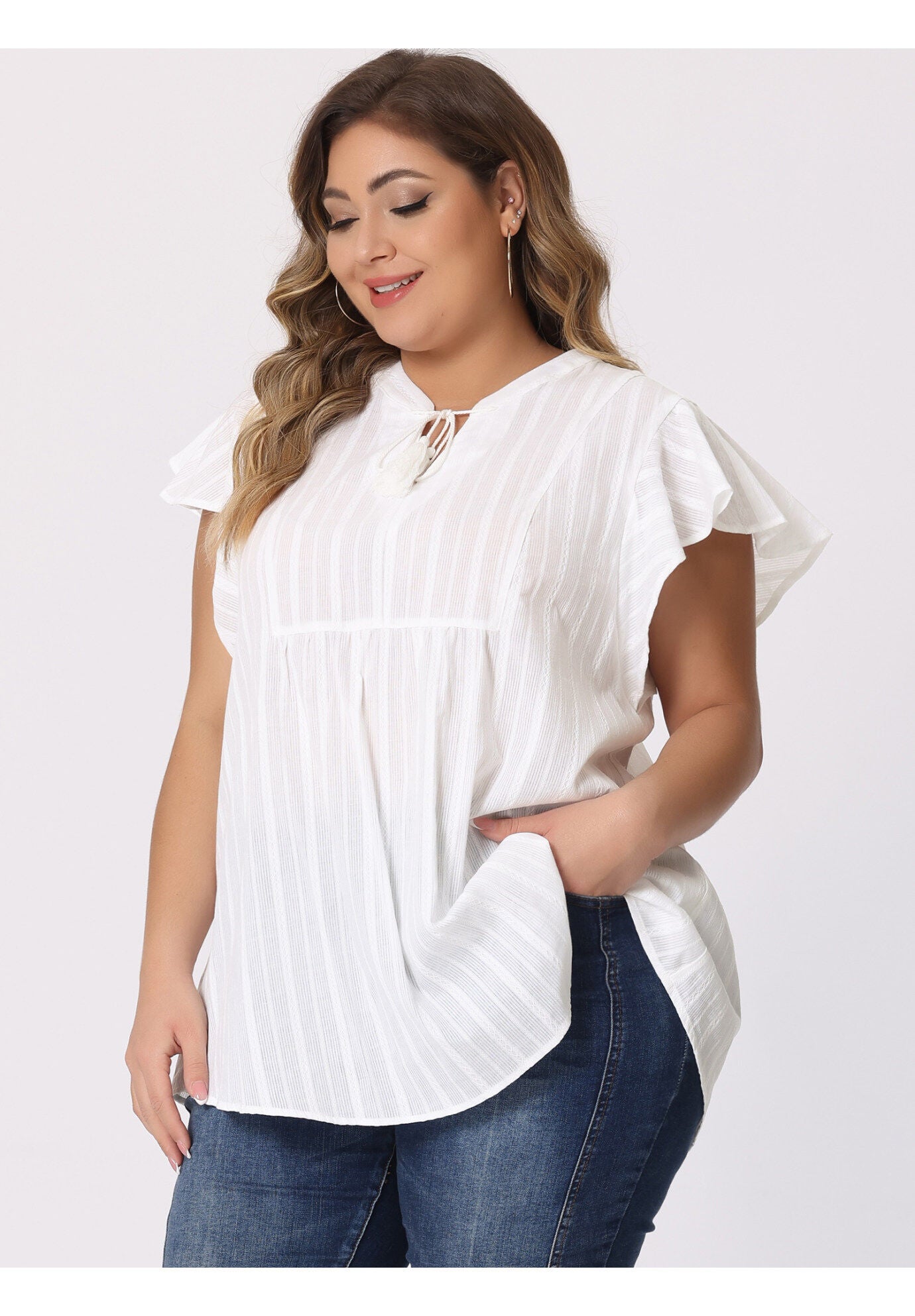 V NECK TASSEL SELF TIE FLUTTER BLOUSE, White / White, alternate image number 3