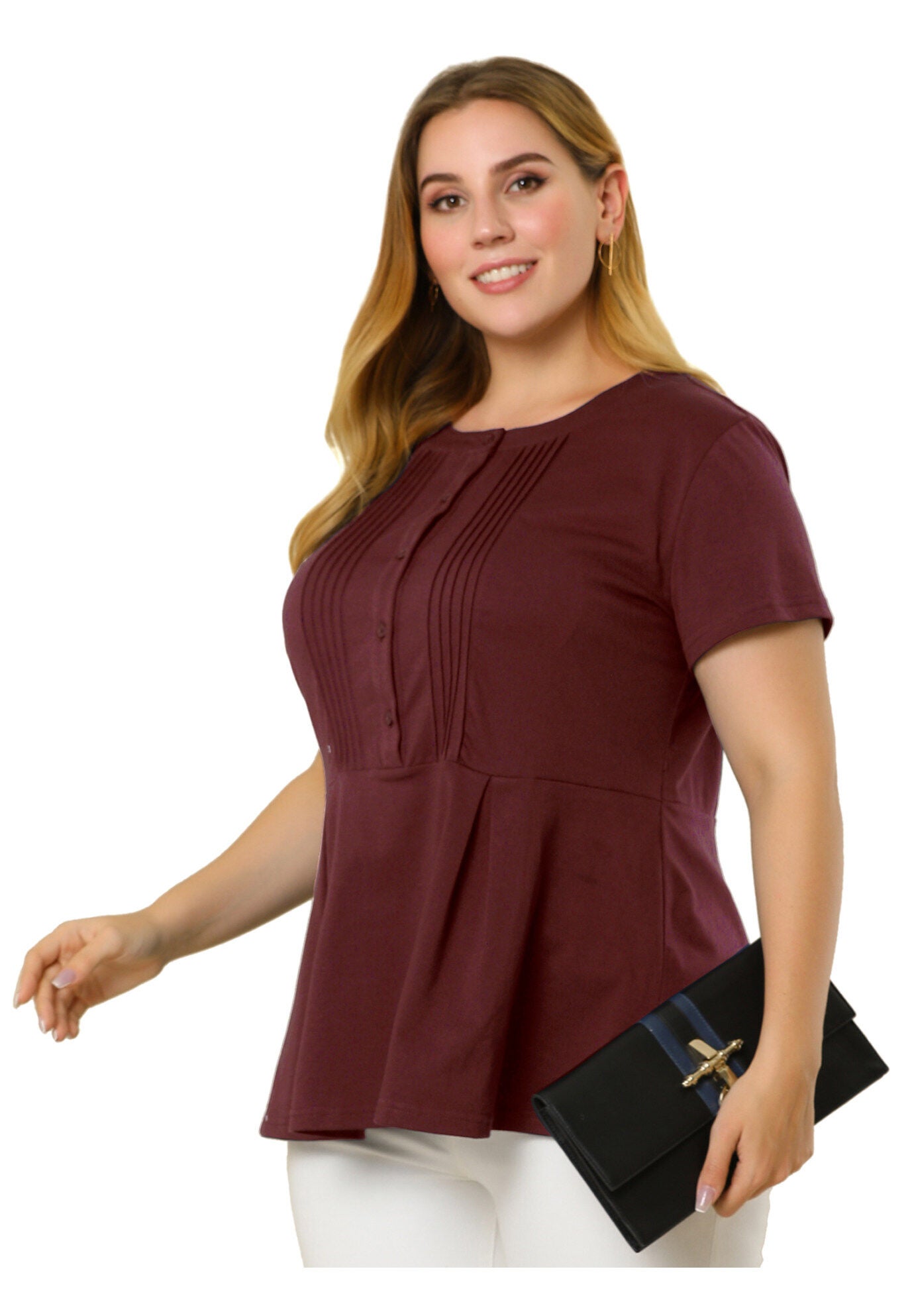 Round Neck Short Sleeve Shirt Blouse Peplum Top, Burgundy / Burgundy, alternate image number 3