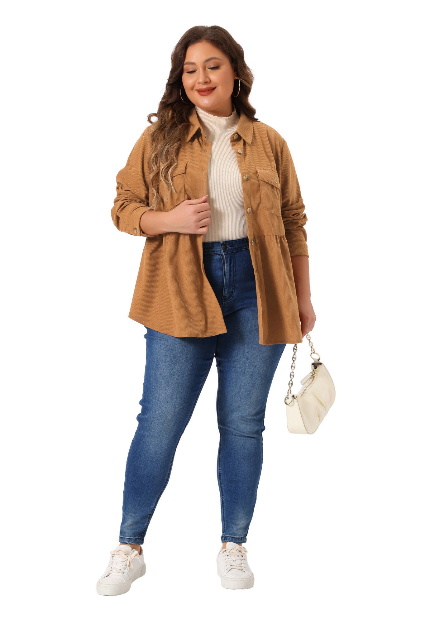 Peplum Button Down with Pockets Corduroy Shirt, Brown / Brown, hi-res image number 0