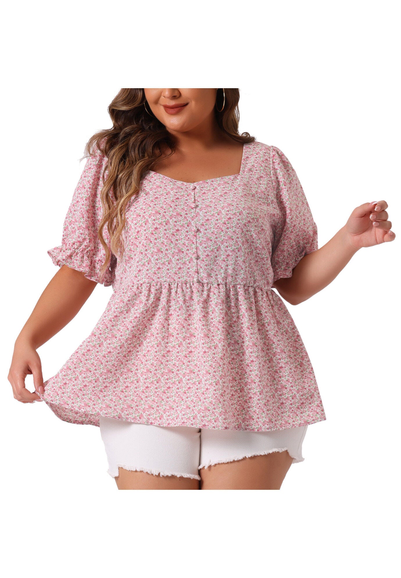 Sweetheart Neck Floral Peplum Top, Pink / Pink, alternate image number 2