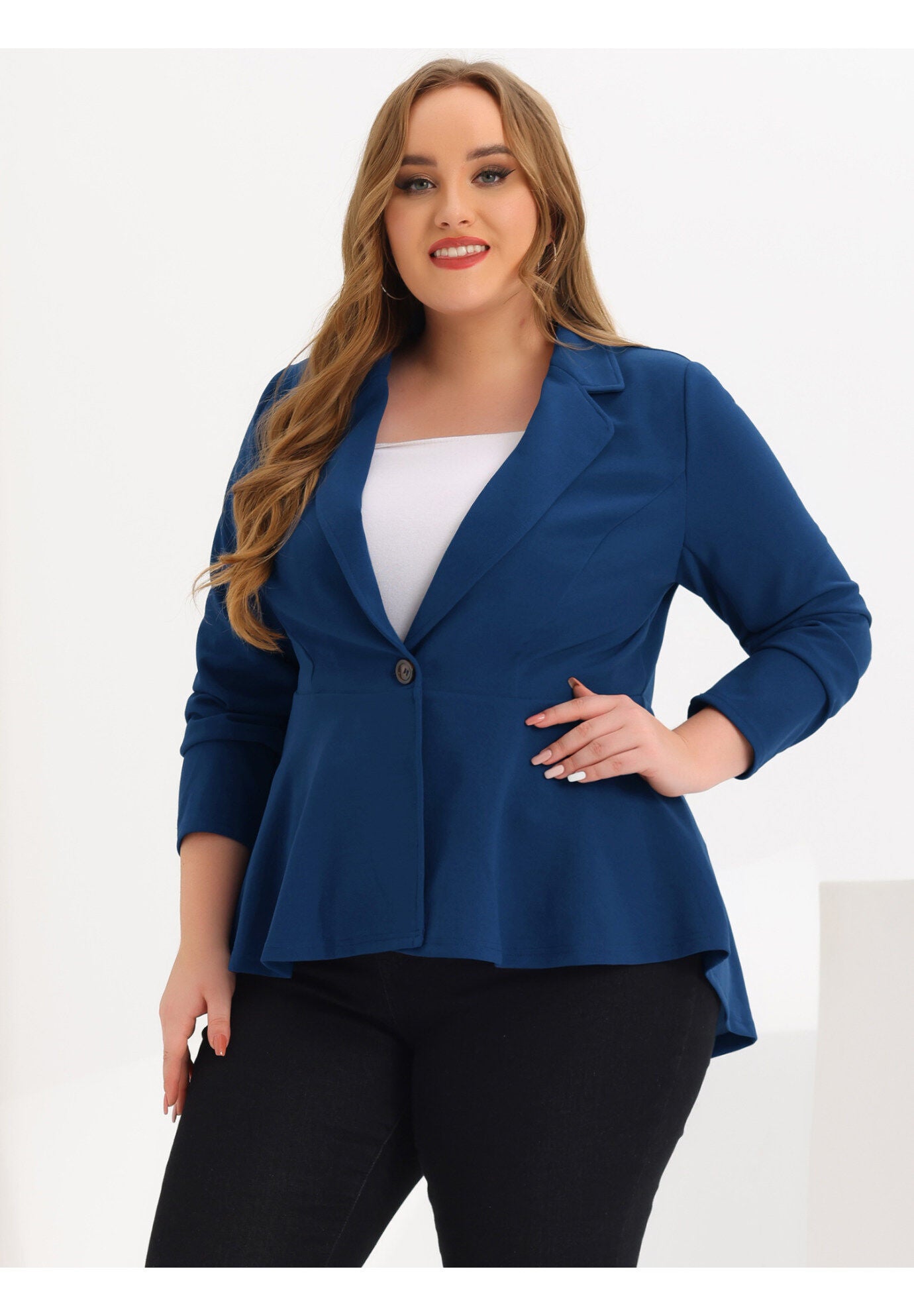 RUFFLE V NECK BUTTON NOTCH PANEL PEPLUM BLAZER, Roral Blue / Royal Blue, alternate image number 1