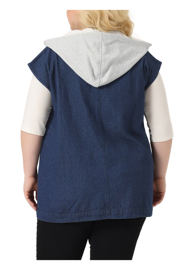 DRAWSTRING HOOD UTILITY LONG JEAN DENIM JACKET VEST, Dark Blue / Navy, alternate image number 3