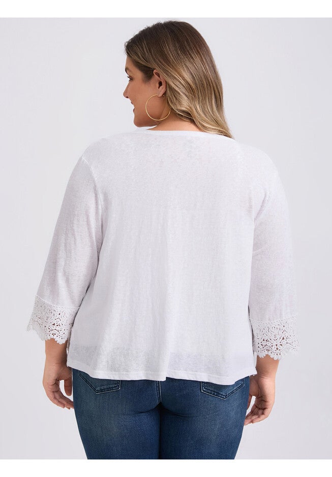 Open Front Cover Up Lace Trim Waterfall Shrug 3/4 Sleeve High Low Hem Knit Cardigans, White / White, alternate image number 2
