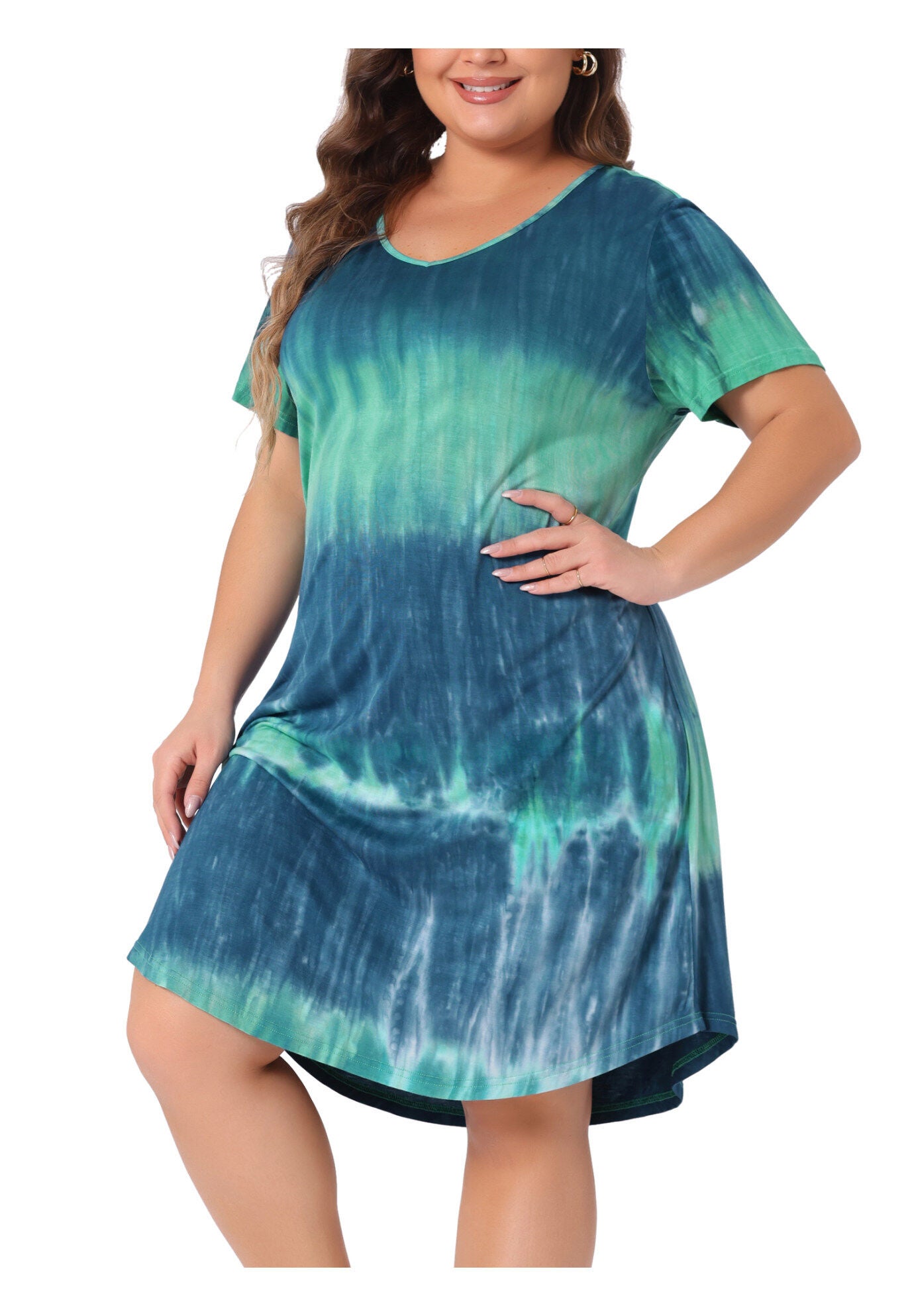 Tie Dye Summer V Neck Short Sleeve Dress, Blue Green / Turquoise, alternate image number 2