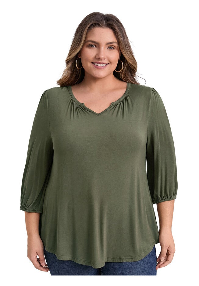Smocked 3/4 Sleeve Notch V Neck Shirt Blouse, Army Green / Olive Green, hi-res image number 0