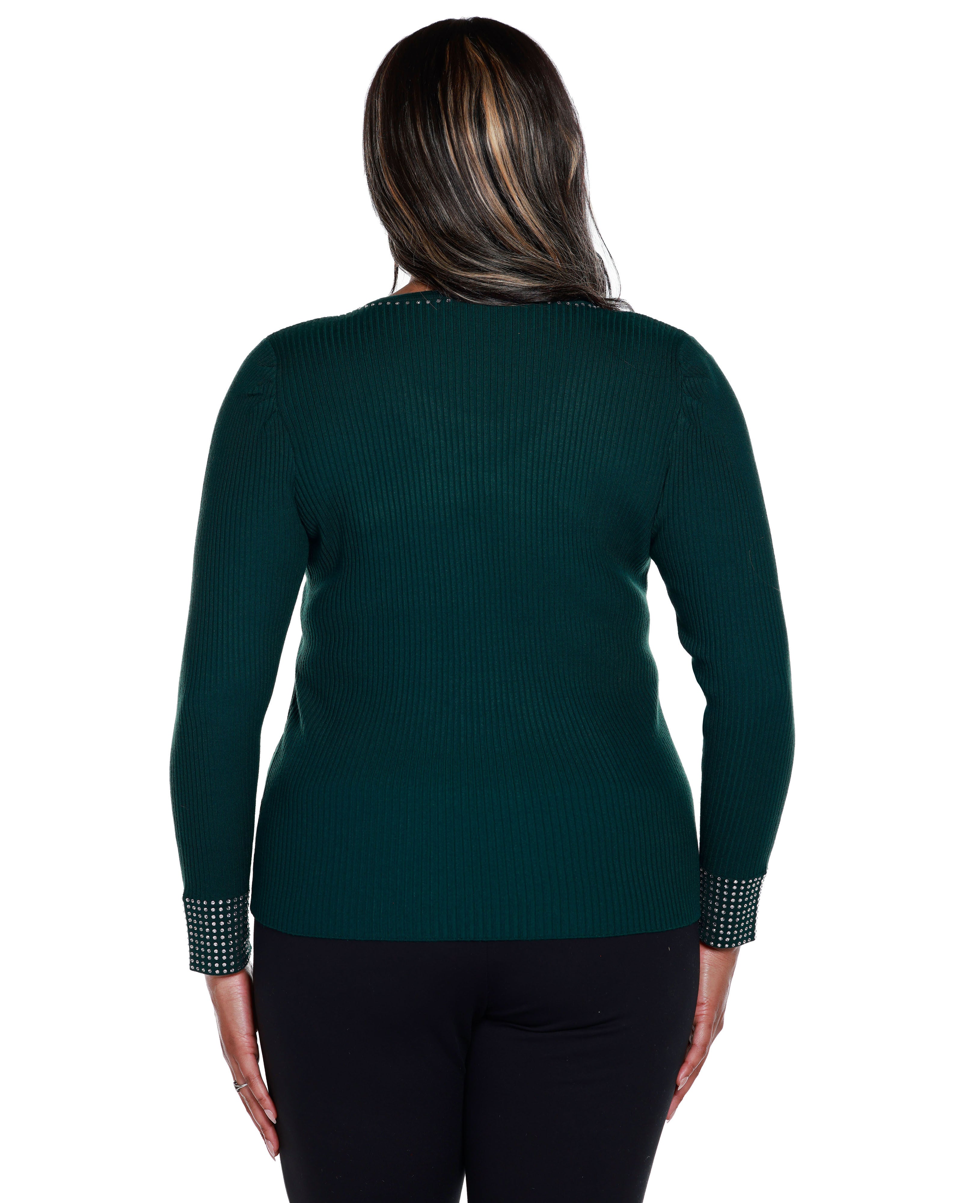 RHINESTONE-TRIM RIBBED SWEATER, Deep Emerald / Forest Green, alternate image number 1