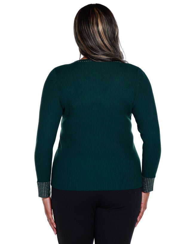 RHINESTONE-TRIM RIBBED SWEATER, Deep Emerald / Forest Green, alternate image number 1