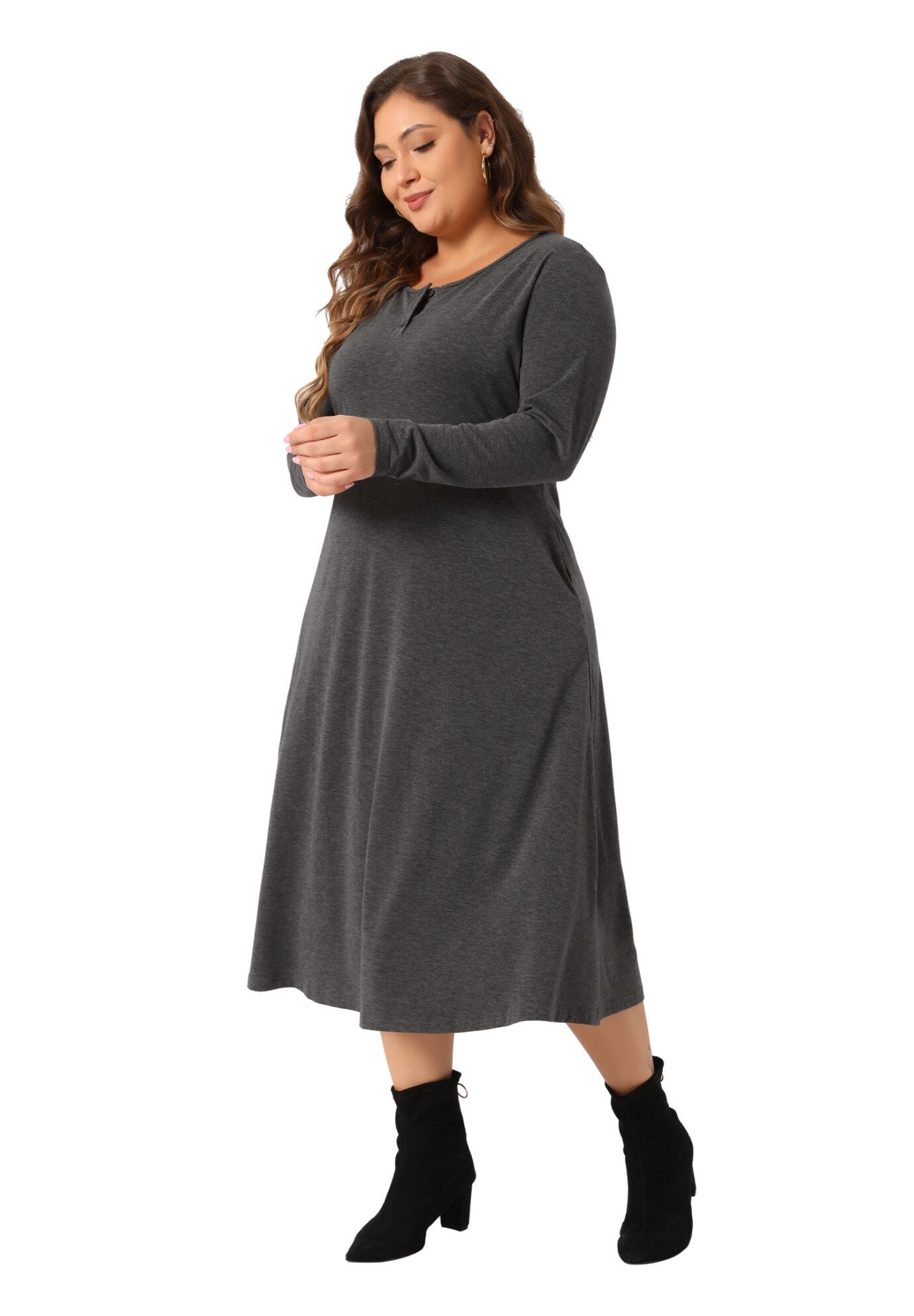Crew Neck Long Sleeve T-Shirt Dress with Pockets, Dark Gray / Charcoal Grey, hi-res image number 0