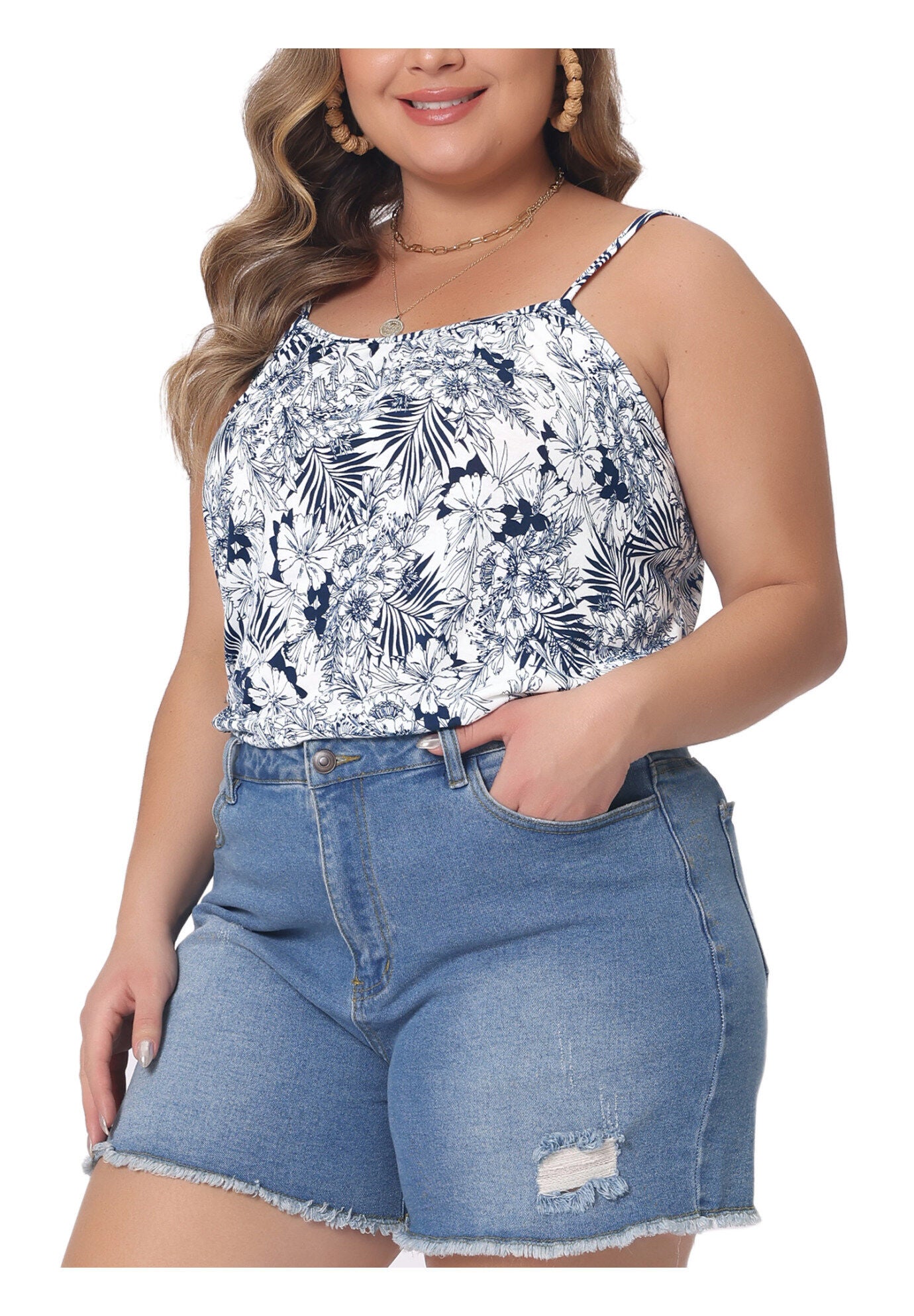 Boho Floral Loose Cami Spaghetti Strap Tunic, Navy Blue / Navy, alternate image number 1