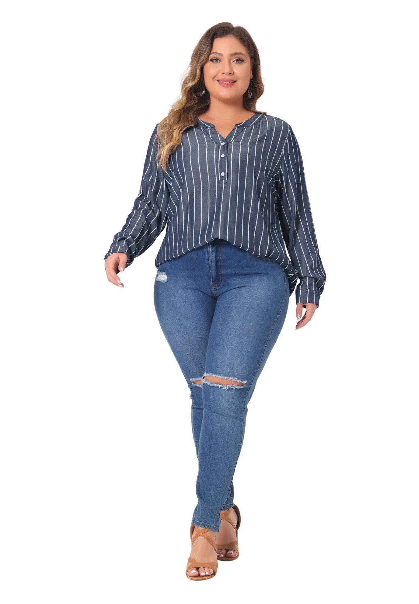 Long Sleeve Button Down Shirt Top, Black Blue / Navy, hi-res image number 0