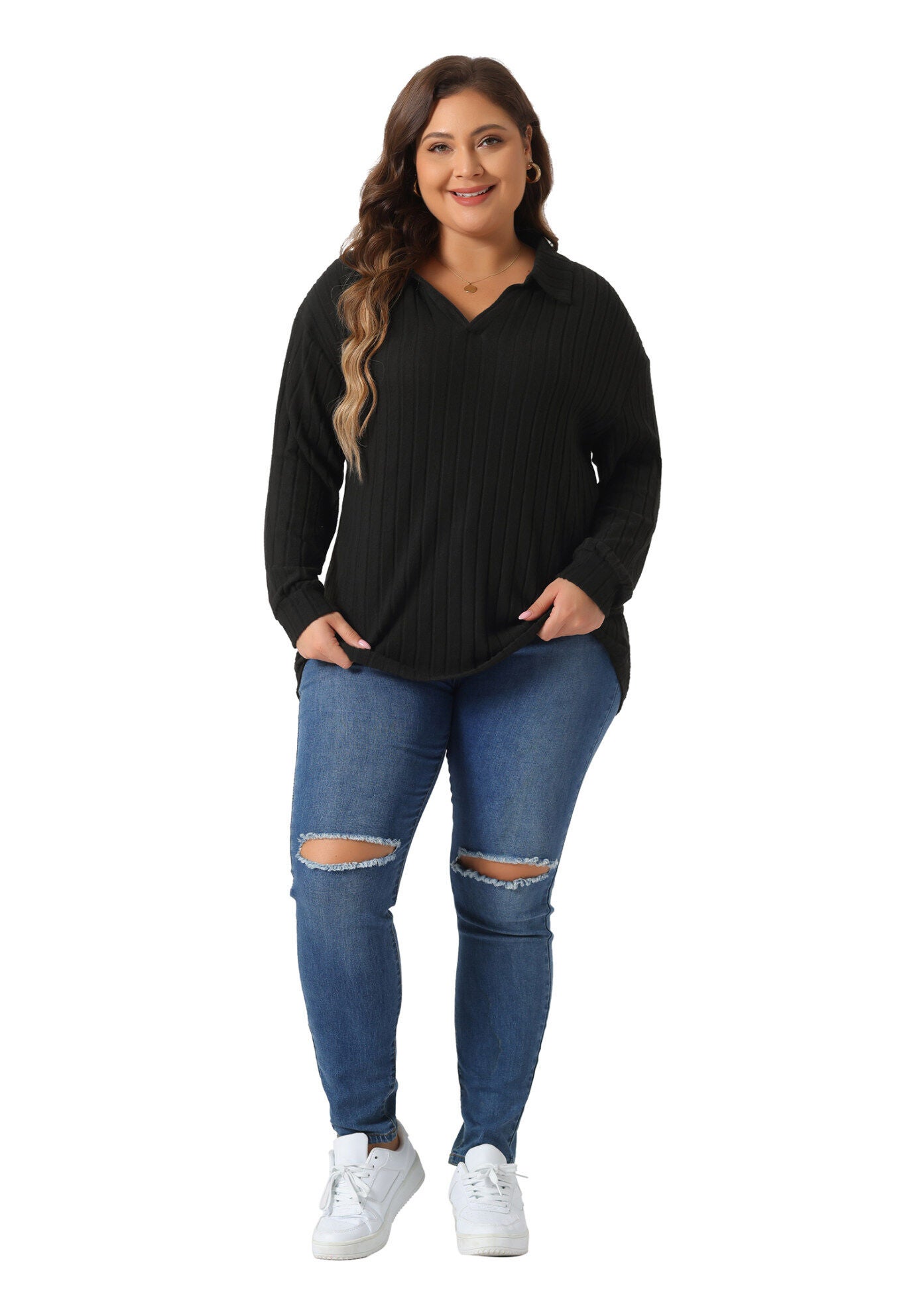 Loose Polo V Neck Long Sleeve Ribbed Knit Top, Black / Black, hi-res image number 0