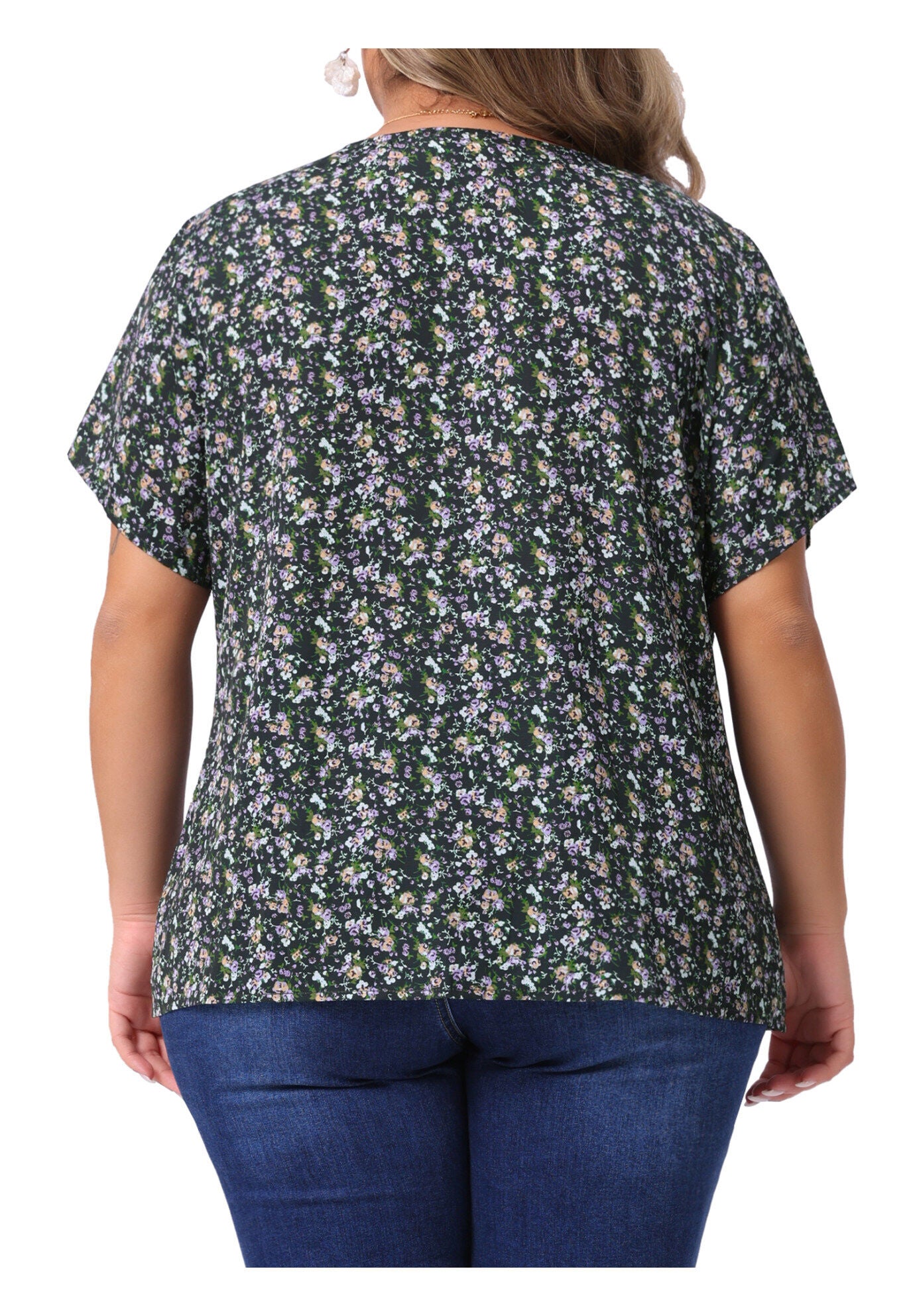 V Neck Button Short Sleeve Floral Blouse, Black Purple / Black, alternate image number 3
