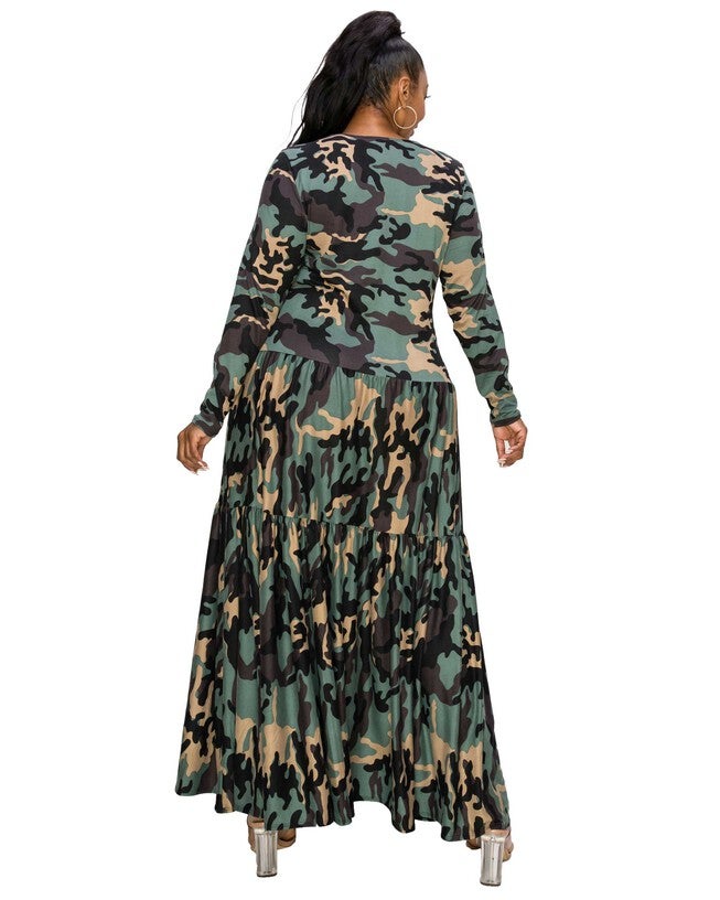 SILVESTRA CAMO TIERED MAXI DRESS, Olive Taupe / Forest Green, alternate image number null