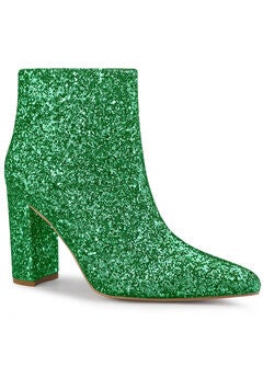 Glitter Pointed Toe Chunky Heels Sparkly Booties