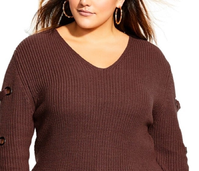 City Chic Women's Trendy Plus Grommet-Sleeved Sweater Nutmeg Size XS, , alternate image number null