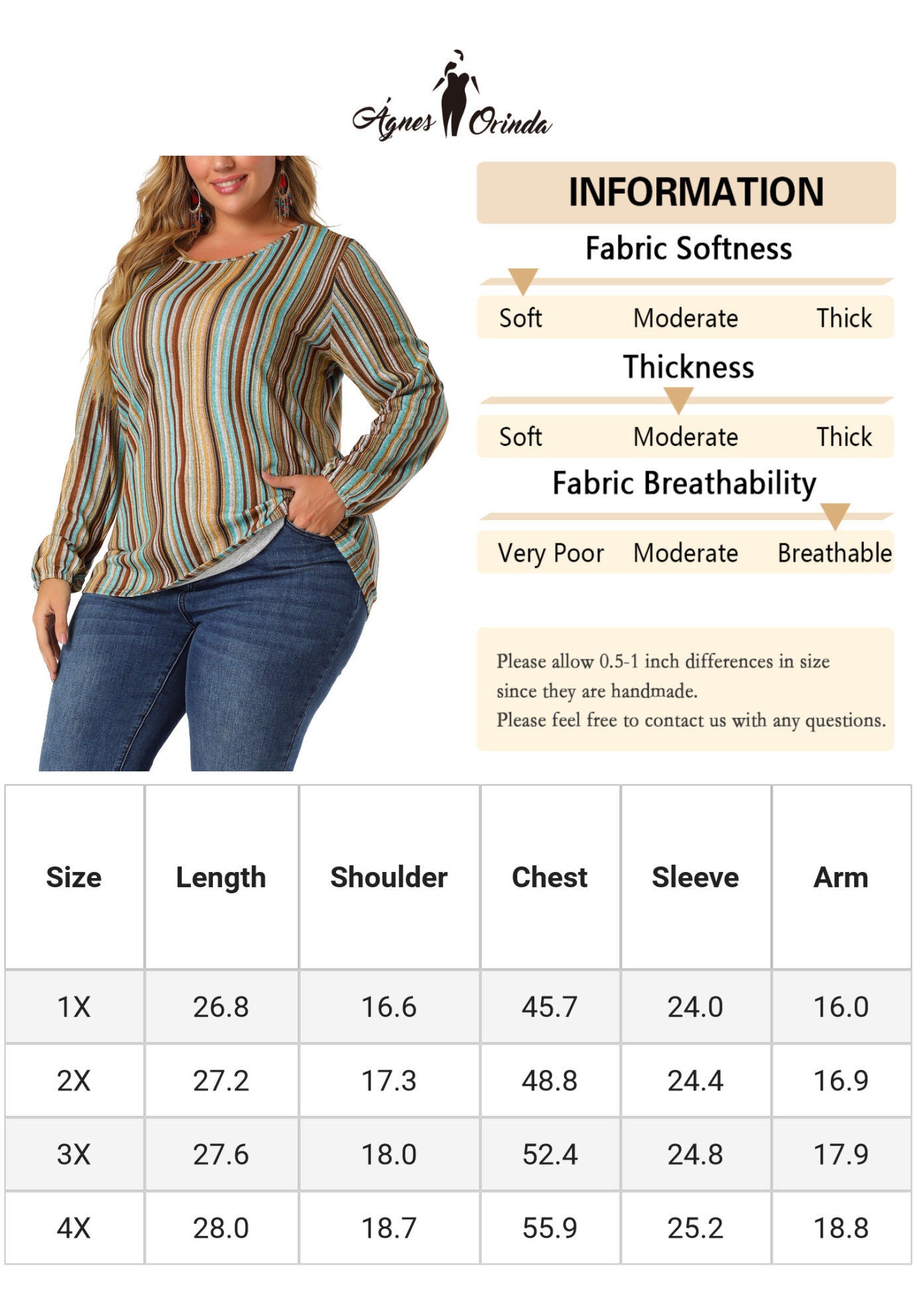 Boho Color Block Elastic Cuff Long Sleeve Striped Top, Multicolor / Turquoise, alternate image number 4