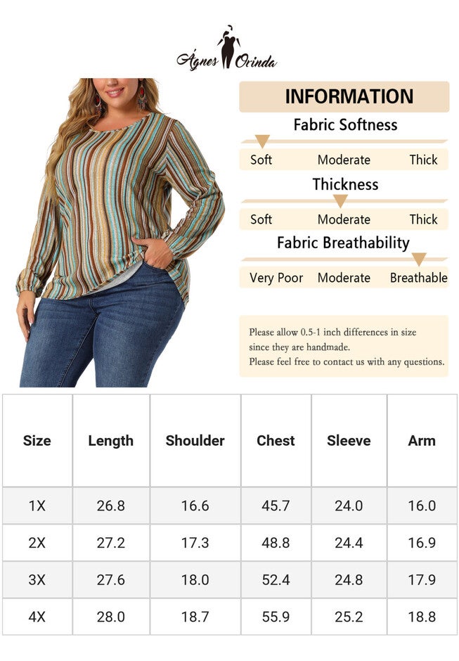 Boho Color Block Elastic Cuff Long Sleeve Striped Top, Multicolor / Turquoise, alternate image number 4