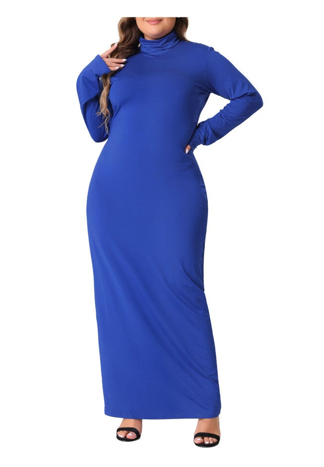 Turtleneck Long Sleeve Bodycon Long Maxi Pencil Dress, Royal Blue / Royal Blue, alternate image number null