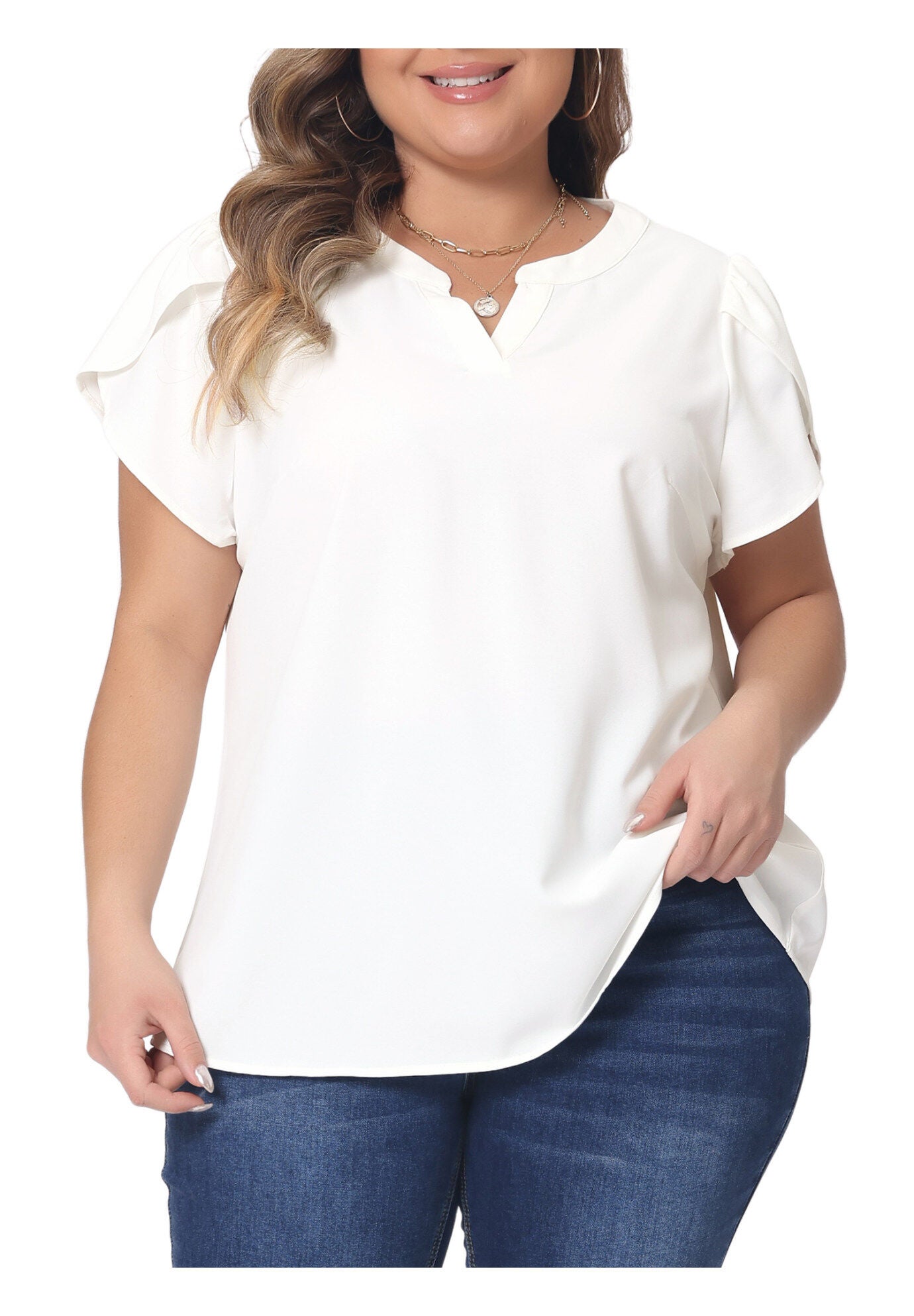 Notched V Neck Short Petal Sleeve Shirt Top, White / White, alternate image number 2