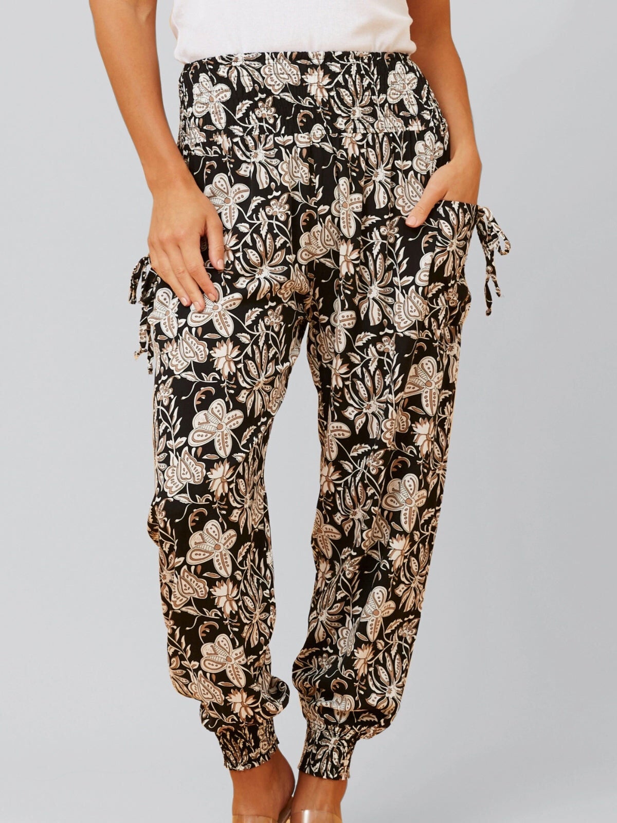 Abelle Pants Harem Boho Smocked Waist, Black / Black, hi-res image number 0