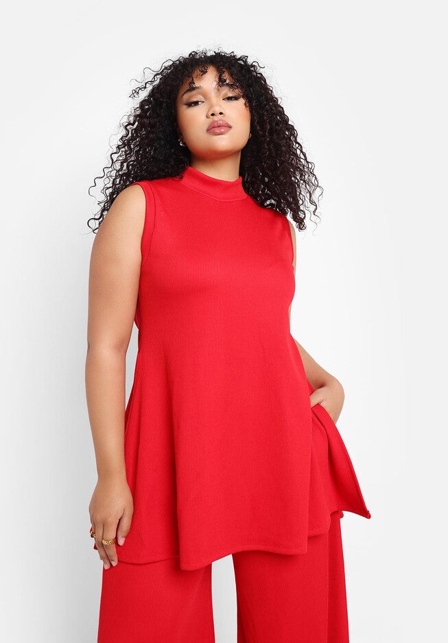 Shayla Ribbed Double Slit Sleeveless Top, Red / Red, alternate image number null