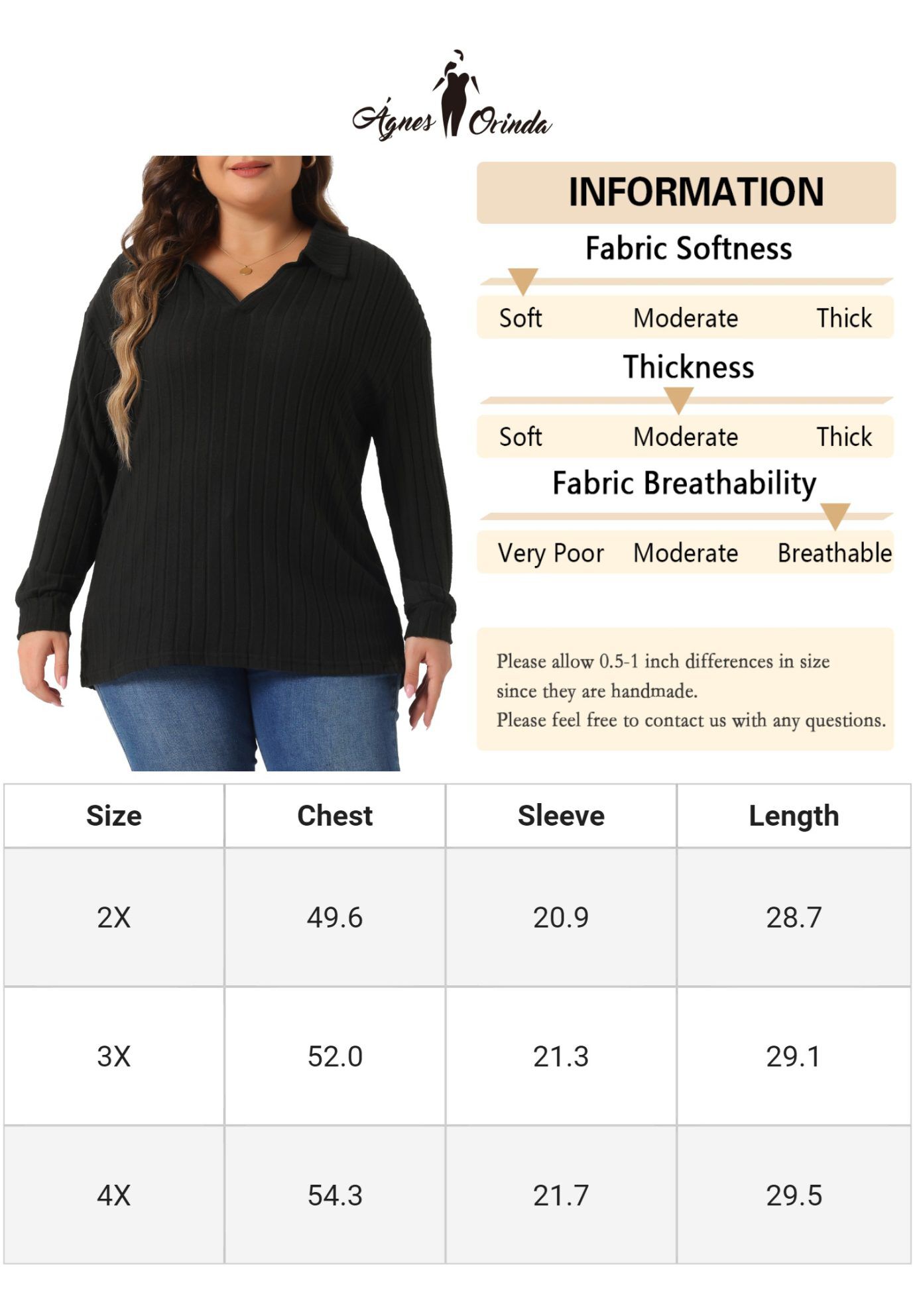 Loose Polo V Neck Long Sleeve Ribbed Knit Top, Black / Black, alternate image number 4