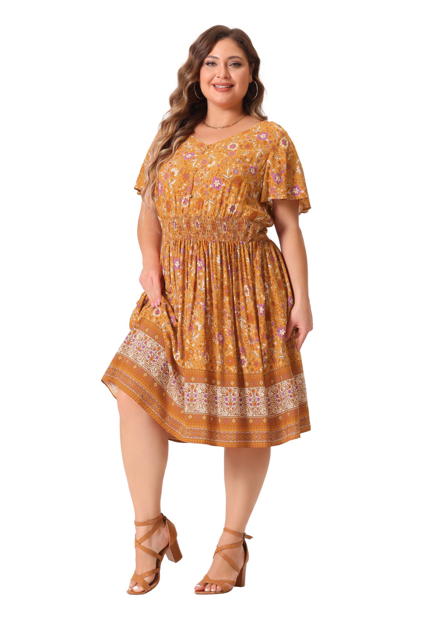 Placed Pattern Bohemian Smock Waist V Neck Summer Midi Dress, Orange / Orange, hi-res image number 0