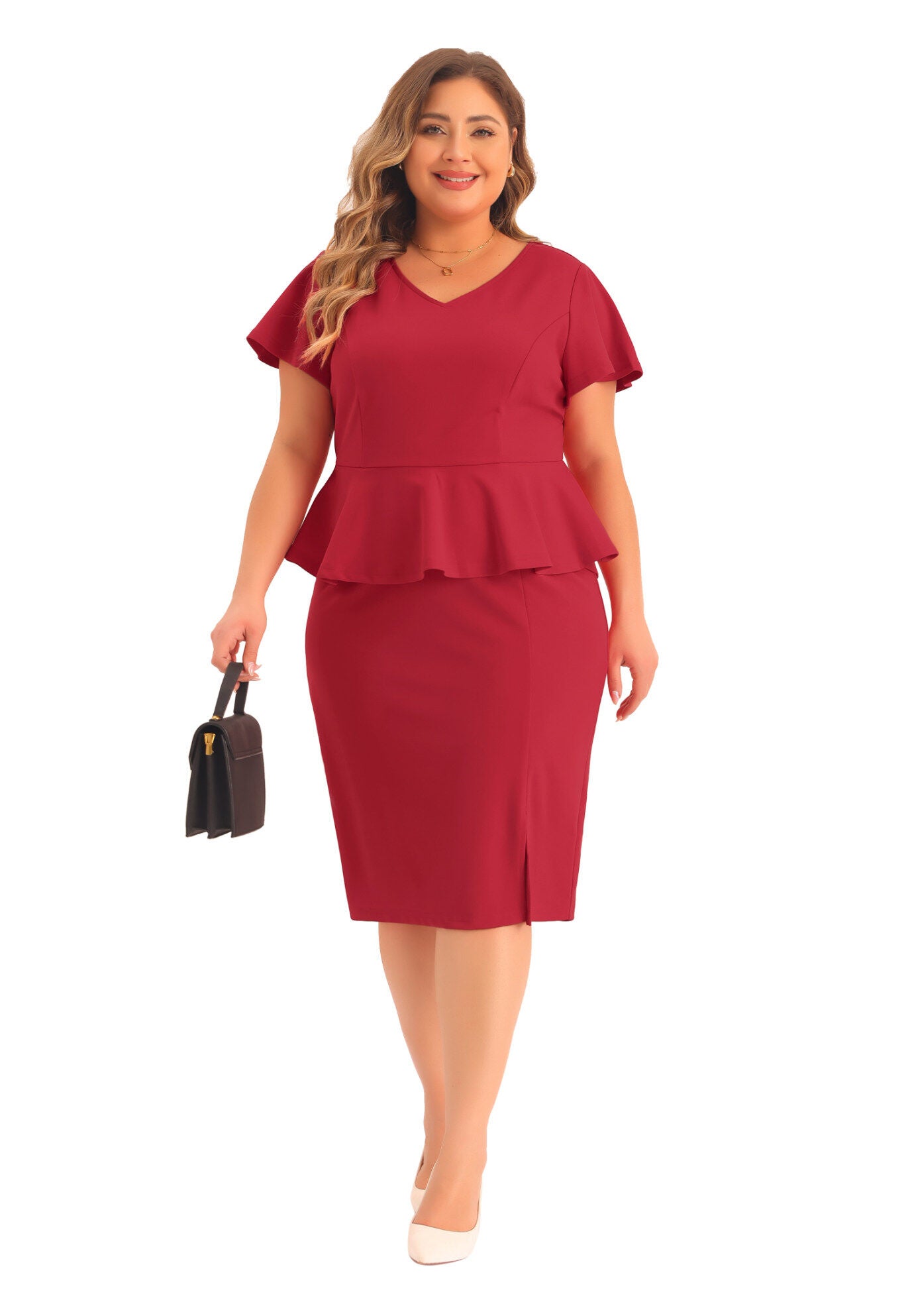 Ruffle Short Sleeve Pencil Retro Peplum Dress, Red / Red, hi-res image number 0