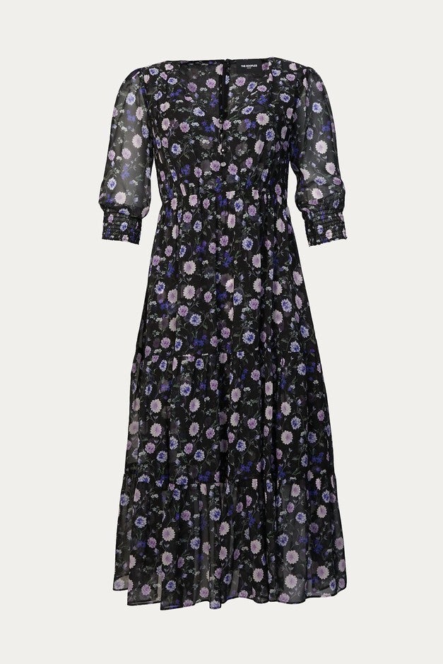 PRINTED MIDI DRESS IN BLACK/PURPLE PEONY, , alternate image number 5