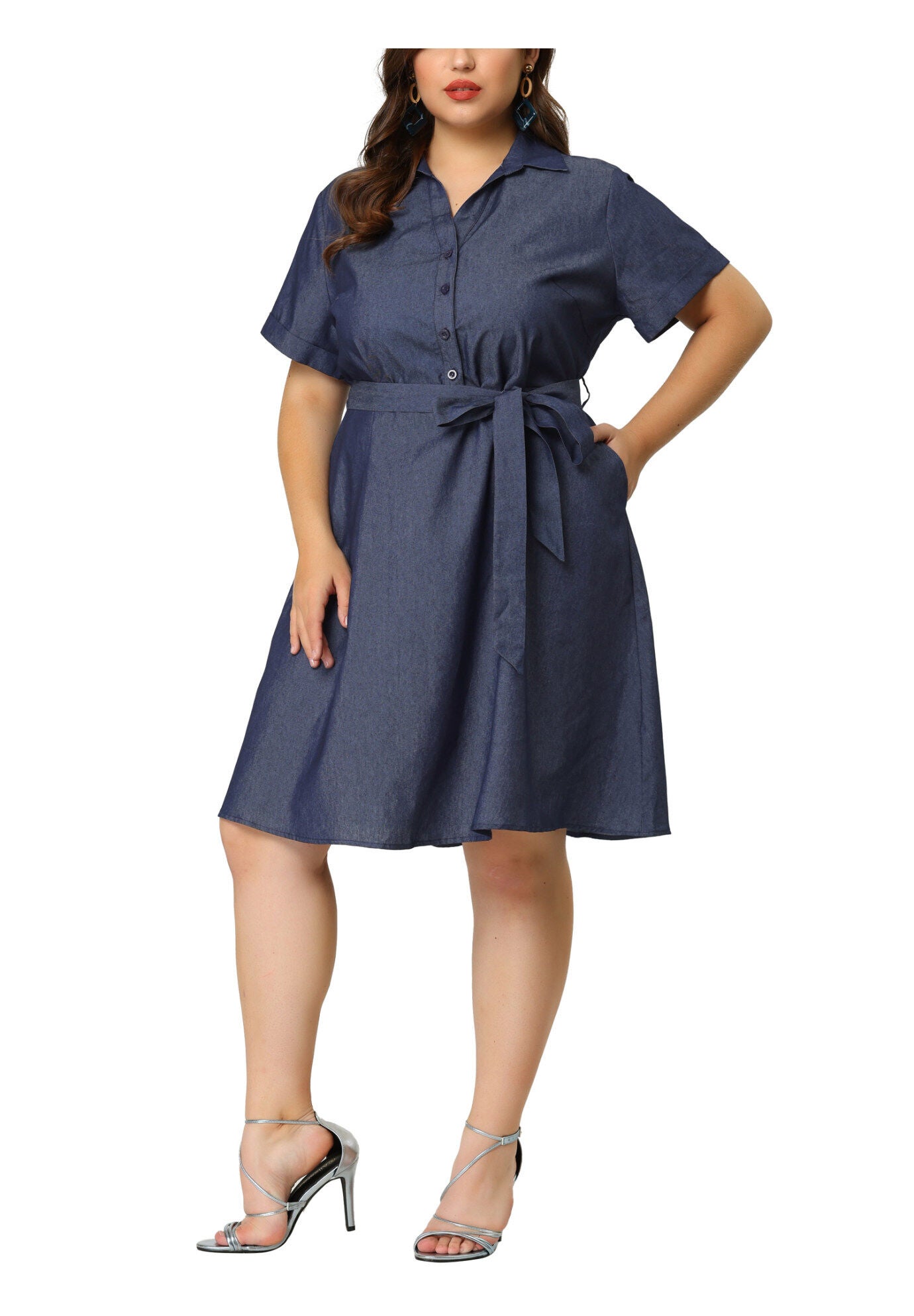 Buttons Belted Short Sleeves Chambray Dress, Black Blue / Navy, alternate image number 2
