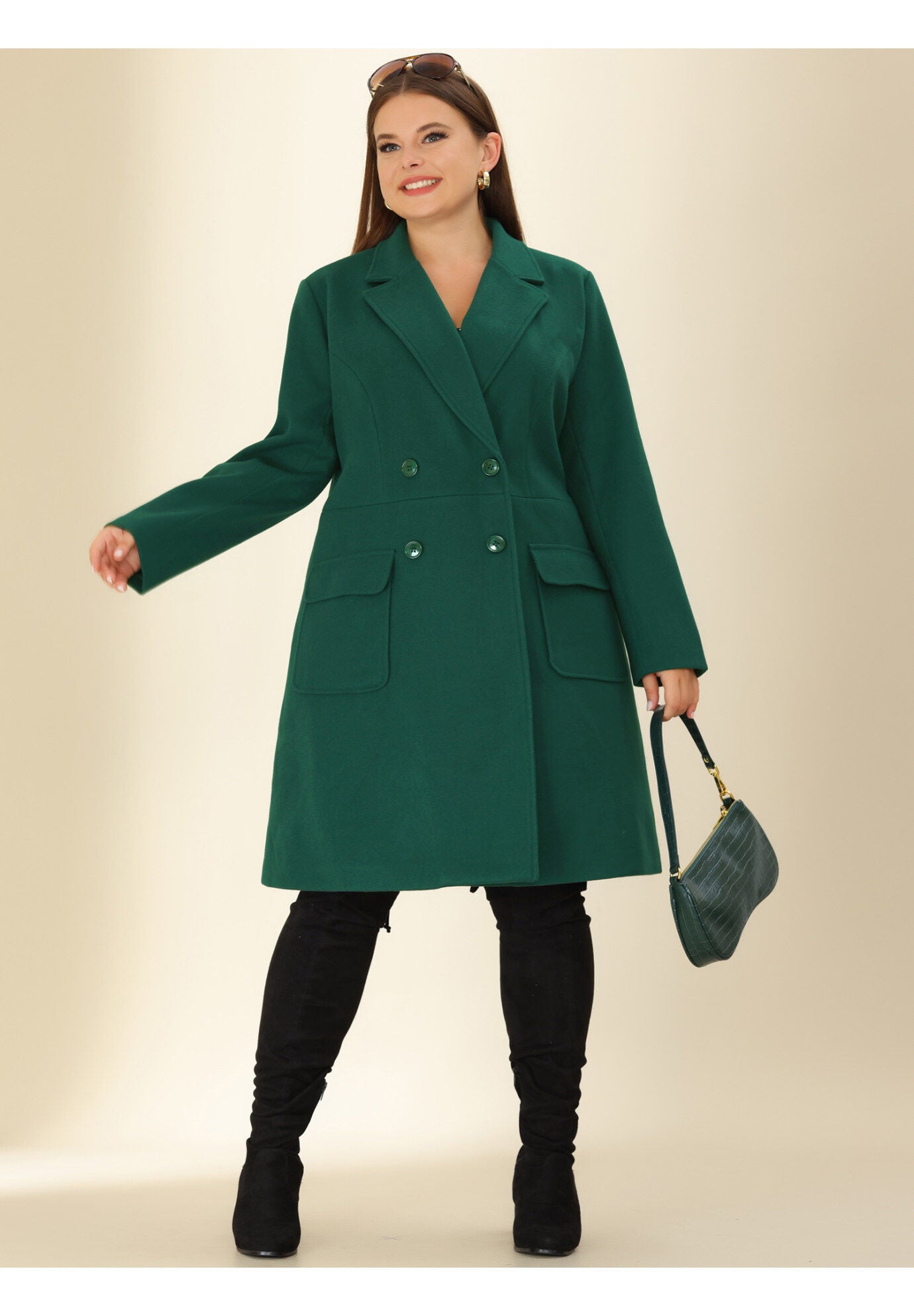 NOTCH LAPEL DOUBLE BREASTED PEA TRENCH COAT, Dark Green / Forest Green, hi-res image number 0