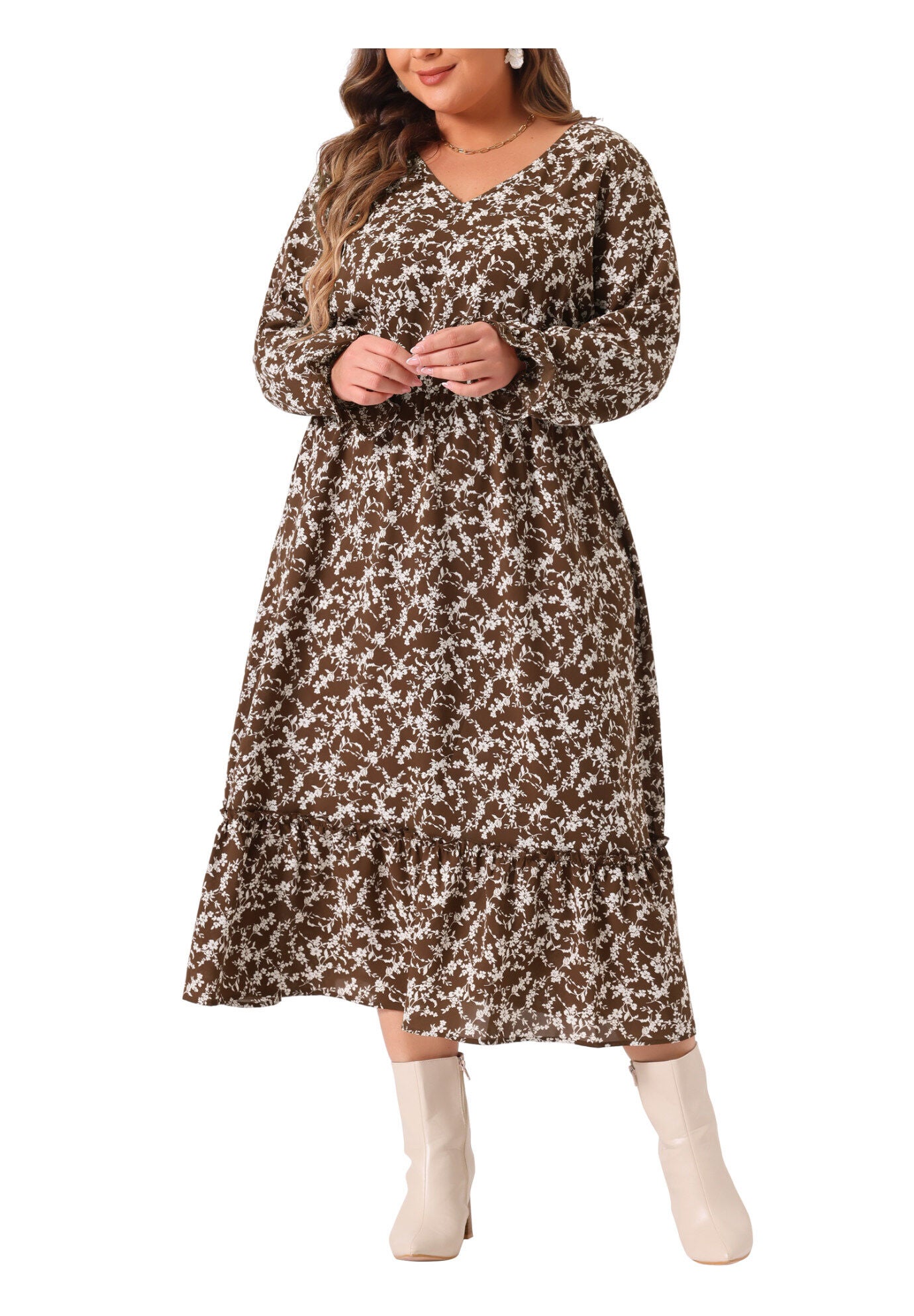 Boho Floral Print V Neck Long Sleeve Ruffle Hem Long Maxi Dress, Brown / Brown, alternate image number 1